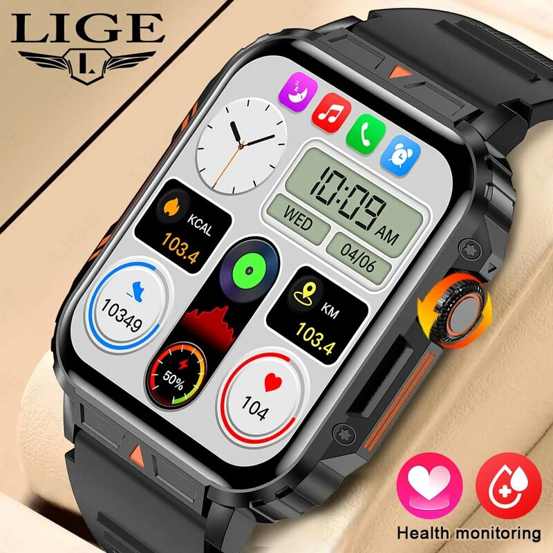LIGE jam tangan pintar layar 1.95 inci, arloji Cerdas olahraga Fitness tahan air IP68 untuk pria wanita Reloj Hombre