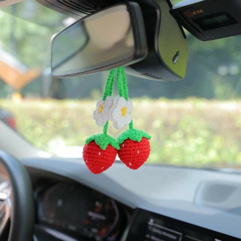 Ornement suspendu pour l'intérieur de la voiture, fleur d'orchidée tissée à la main, ornement mignon de miroir de vue de voiture, style de fraise, décor