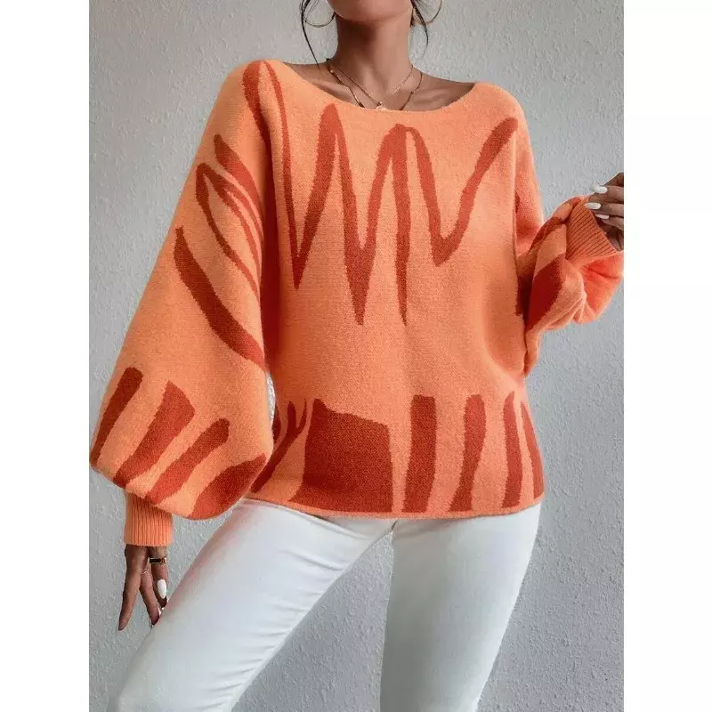 Женский свободный вязаный пуловер, повседневный элегантный модный свитер с рукавами-фонариками, индивидуальный стиль