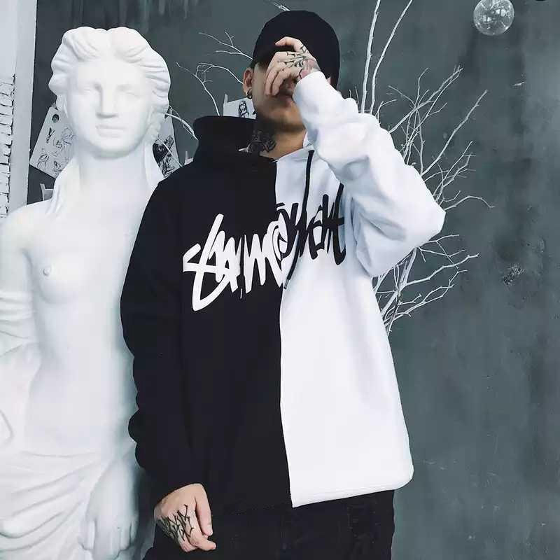 Street wear new casual men's hoodie splicing black and white two color hoodie casual men's wear