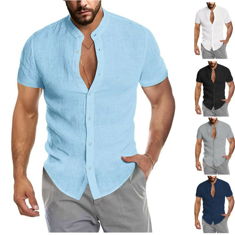 2024 Summer Men's Shirts Cotton and Linen V-neck Short-sleeved Button Cardigan Stand-up Collar Casual Solid Color Tops for Men
