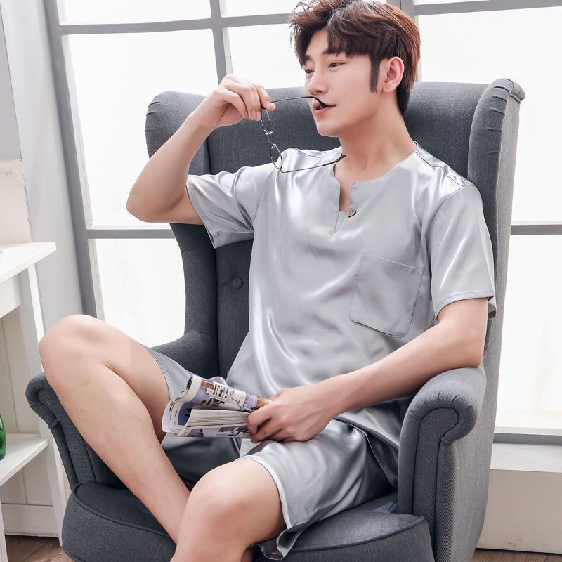 Summer Pajamas Men True Silk Short Sleeve Shorts Korean Men Thin Ice Silk Spring and Autumn Young Middle-aged Home Wear Set