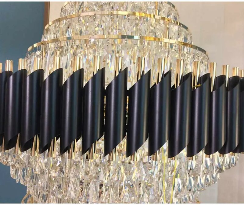 Lampu gantung kristal, lampu gantung hitam Stainless Steel dekorasi besar untuk Hotel lobi vila, tangga kristal mewah
