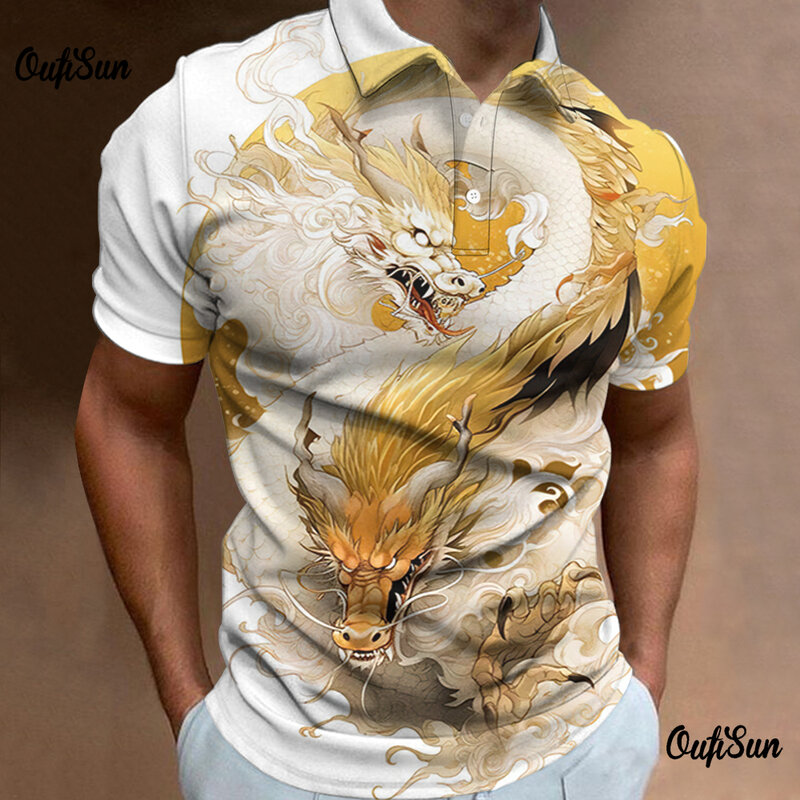 Футболка-поло мужская оверсайз, модная рубашка с 3d принтом дракона, с коротким рукавом, повседневный Свободный свитшот