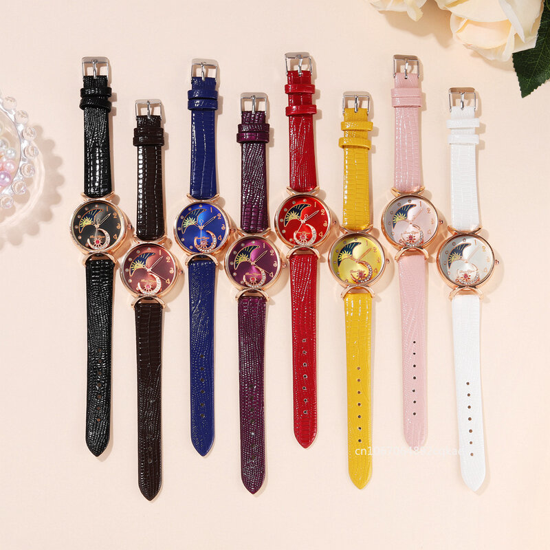 Relojes de pulsera de cuarzo de lujo para mujer, reloj de pulsera de cuero femenino, informal, elegante, luna con diamantes, moda creativa