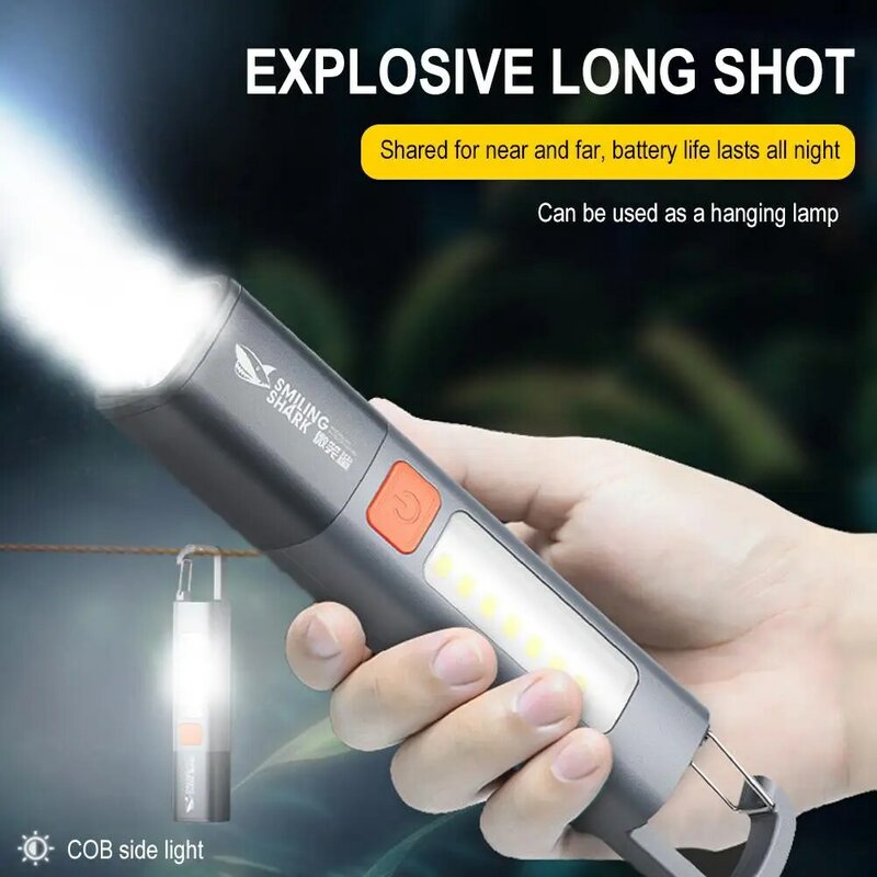 Portable LED Torch Light XPE Super Bright Flashlight With Hook COB Side Light Camping Light USB Rechargeable Zoomable Waterproof