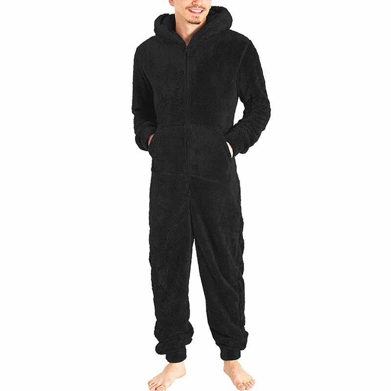 Pijama de felpa con cremallera para hombre, ropa cálida de una pieza para el hogar, se puede usar fuera, cómodo, Simple, Color sólido, invierno, 1 unidad