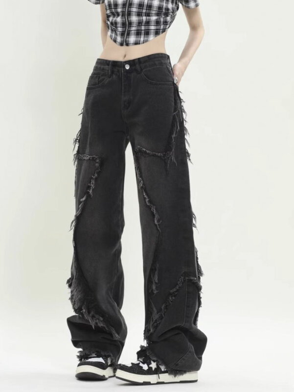 Pantalones vaqueros de cintura alta para mujer, ropa de calle de estilo americano, diseño de borde crudo, pierna ancha, holgados, combinan con todo