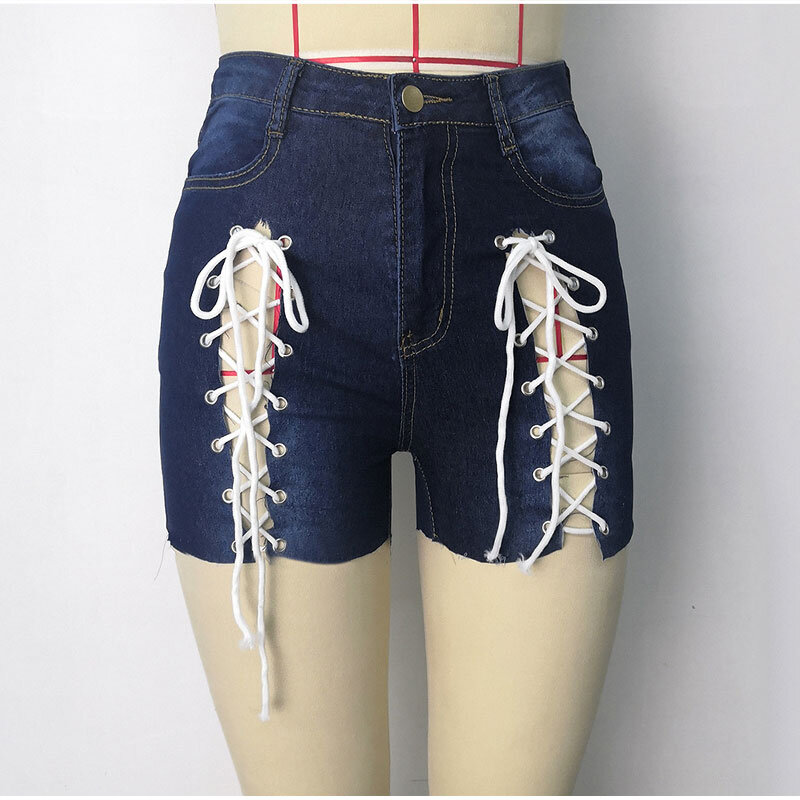 Shorts jeans sexy com recorte feminino, jeans de cintura alta, jeans curto rasgado, calça quente com renda, verão
