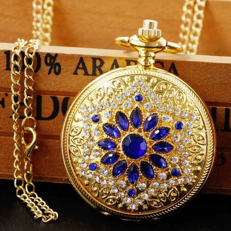 Luksusowe markowe damskie zegarki kieszonkowe z pełnym diamentem łańcuch w stylu Vintage złote damskie kieszenie kwarcowe zegarki złote