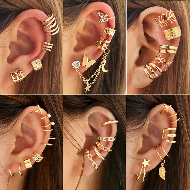 Cor dourada e prata deixa brincos para mulheres, punho de orelha borboleta C simples criativo, conjunto de clipes de orelha não perfurante, joias da moda