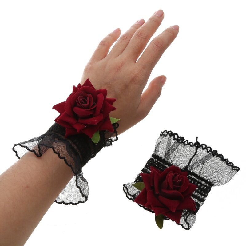 Punk Rose Bracelet Gothic Female Lace Decorative Sleeve Costume with Color Rose Decor for Women