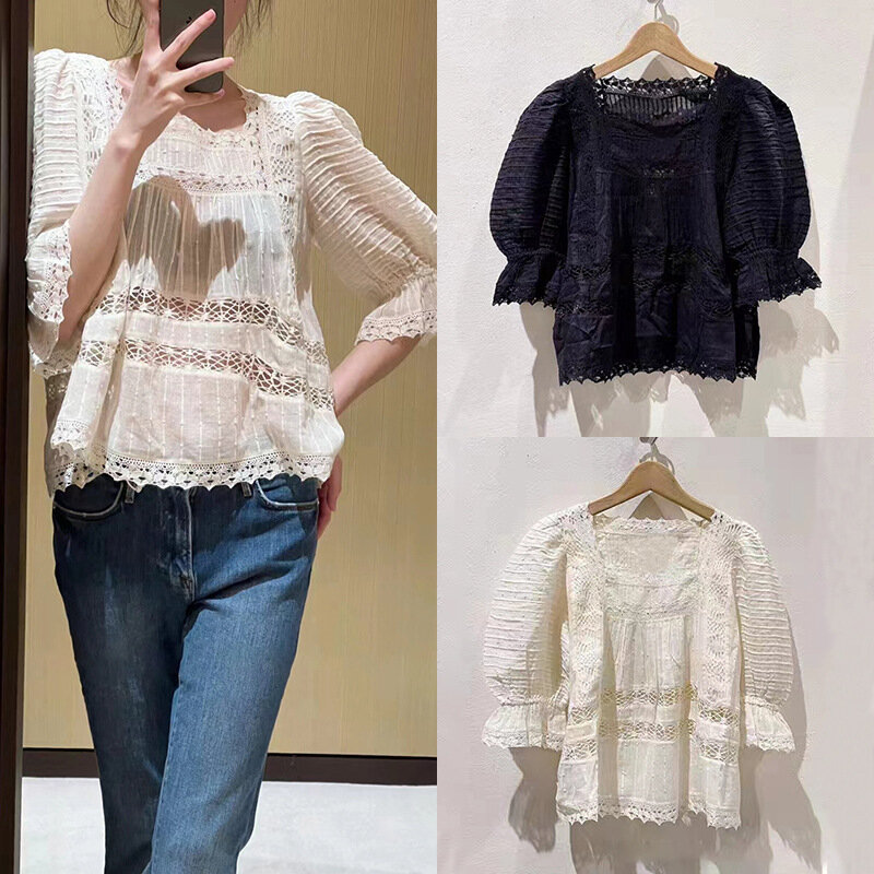 Women's Blouse Square Neck Lace Hollow Out Casual 2024 Summer New Micro Transparent Puff Sleeve Tops