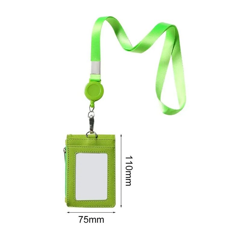 Multifunctional PU Leather Card Cover Case Staff Work Card Holder With Lanyard Name Tag Zipper Card Bag Carabiner Style Scalable