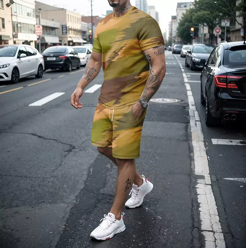Футболка и шорты мужские летние из полиэстера, Повседневная Уличная одежда с 3D вставками, шорты с коротким рукавом, в стиле ретро