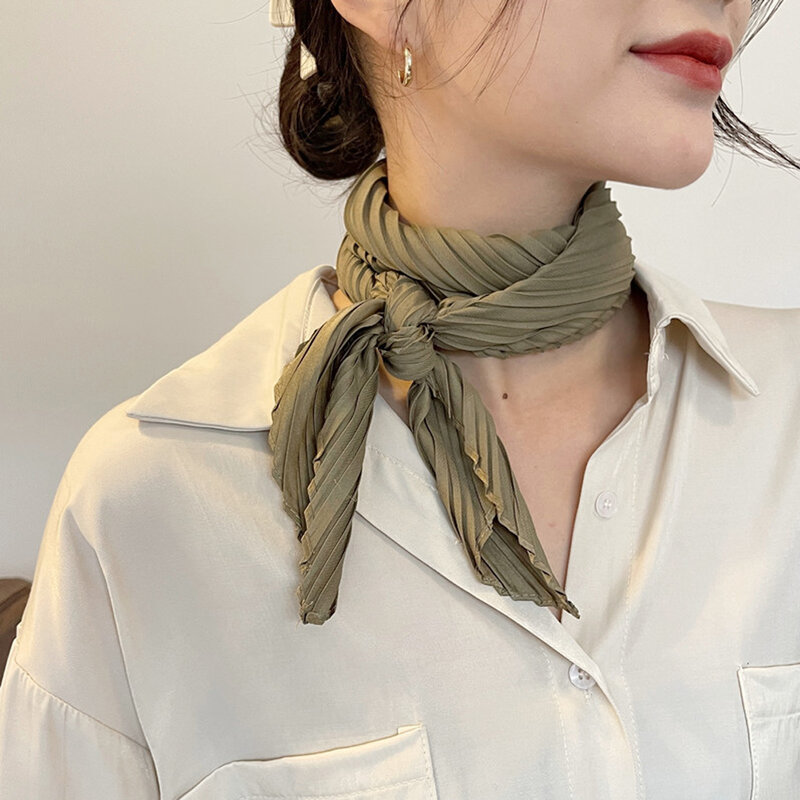 Women Pleated Satin Scarf Headscarf Neckerchief Skinny Ribbon Square Hair Tie Band Kerchief Satin Foulard Scarves Decorative