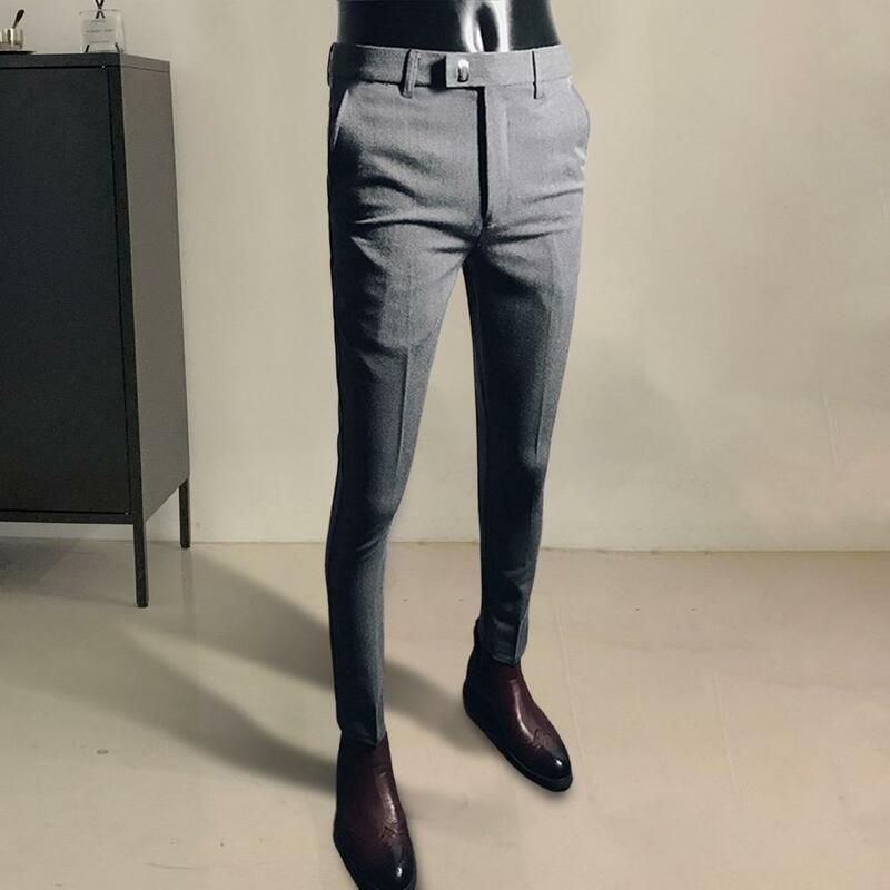 Trendy Men Formal Pants Straight Streetwear Skin-touch Stretchy Mid Waist Pencil Pants