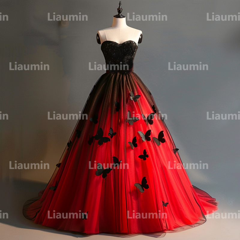 Red And Black Tulle With Butterfly Strapless Evening Prom Dresses Bridal Gowns Floor Length For Formal Occasion Party W15-41