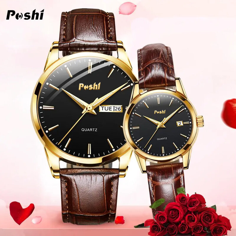 POSHI-Relógio de pulso quartzo impermeável para homens e mulheres, marca de luxo, relógios de moda, pulseira de couro, presente