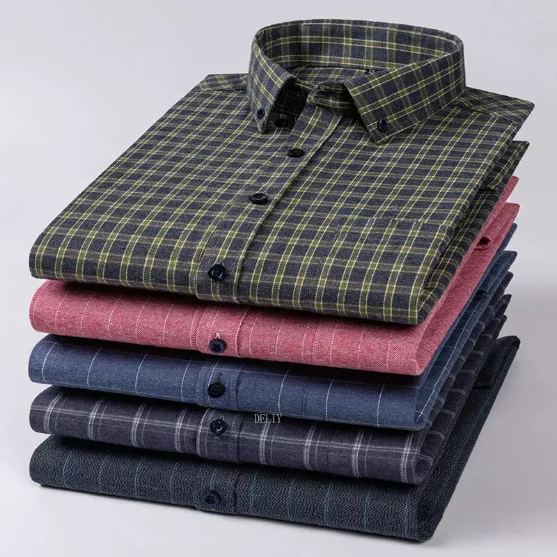 Manga longa ajuste padrão masculino escovado xadrez listrado camisa xadrez com bolso, flanela 100% algodão, casual, plus size
