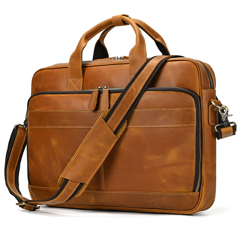 Tas jinjing bisnis pria, kulit asli, tas Tote Laptop, tas kulit kapasitas besar, tas kerja 17.3"