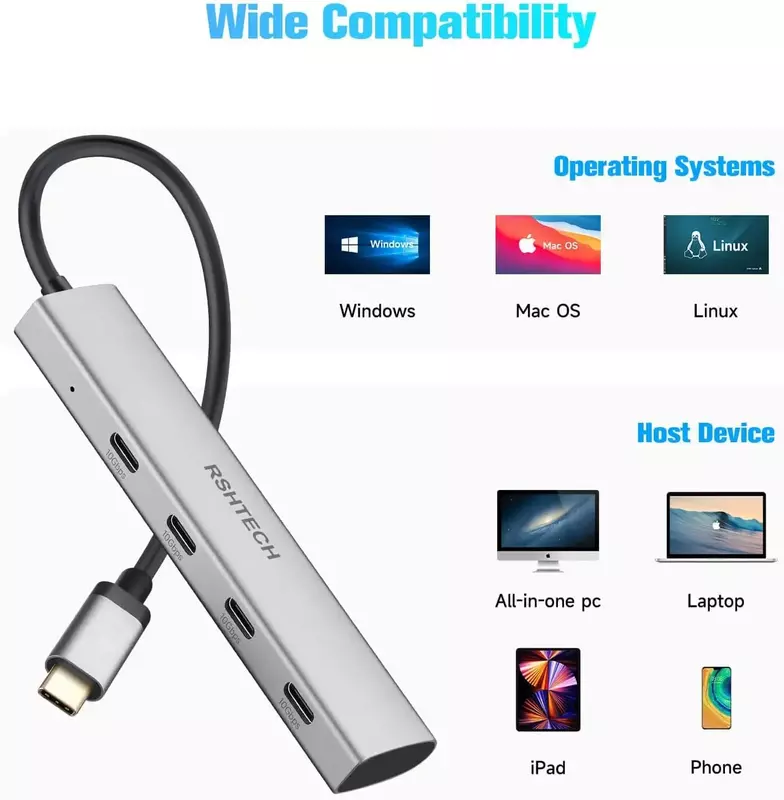 RSHTECH USB C Hub 10Gbps 4-portowy USB 3.1/3.2 Gen2 Hub przenośny rozdzielacz aluminiowy USB typu od C do USB C Adapter do laptopa MacBook