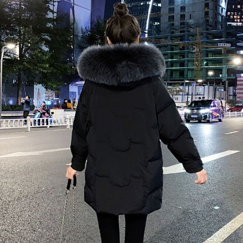Jaket katun bertudung untuk wanita, jaket musim dingin kerah bulu longgar Parkas kelas atas bertudung mewah mantel tebal 2023