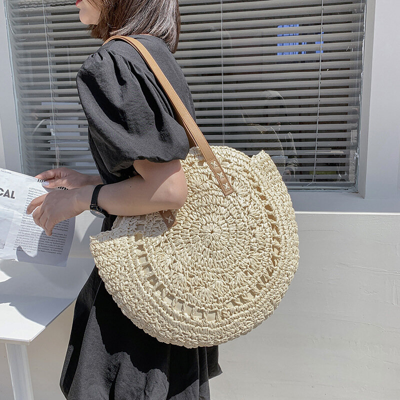 Bohemian Hollow Out Straw Women Shoulder Bags Woven Round Lady Handbags Casual Handmade Summer Beach Tote Bag Big Shopper Purses