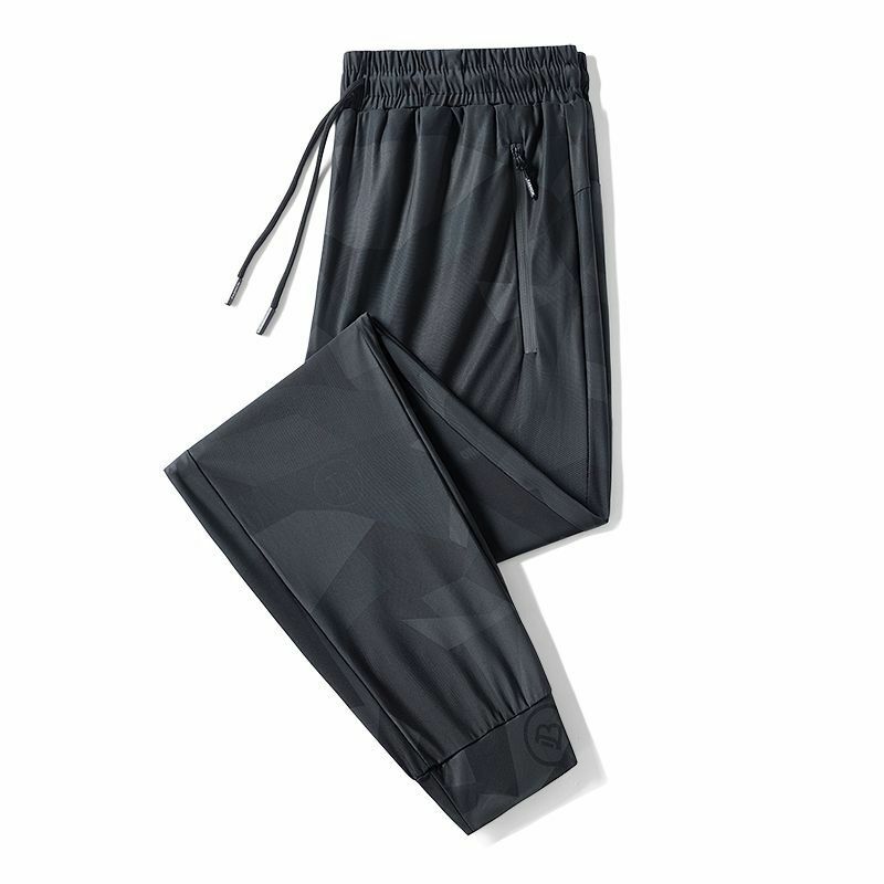 Calça masculina com retalho elástico com zíper de bolso estampado, justa, calça casual versátil, moda verão, nova, 2024