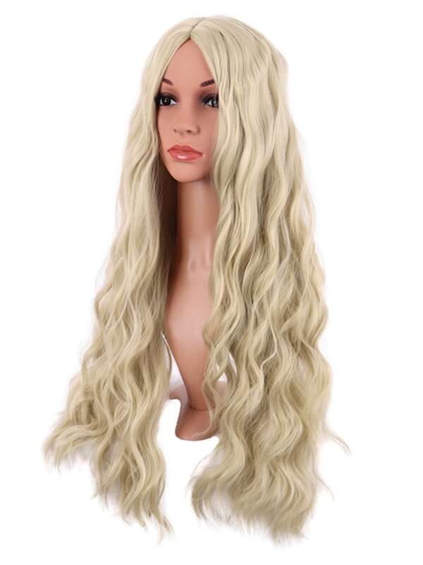 Cos parrucca femminile capelli lunghi Anime fibra ad alta temperatura Fluffy Lolita latte riccio dorato medio testa piena