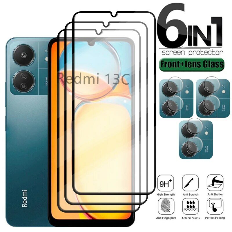 6-in-1 für Redmi 13c Glas Redmi 13c gehärtetes Glas Voll abdeckung 9h Telefon Film Displays chutz folie für Xiaomi Redmi 13c Linsen glas