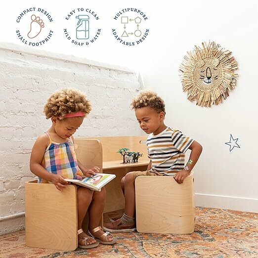 Mehrzweck-Tisch-und Stuhlset aus Bugholz, Kinder möbel, natürlich, 3-teilig
