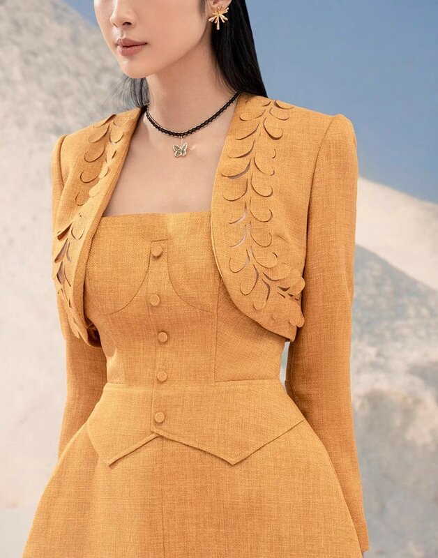 20234 Vintage Yellow Jacket + Mini Dress Women  Autumn A-line Elegant 2 Piece Sets Ladies Party Hollow Out Slash Neck Dress Sets