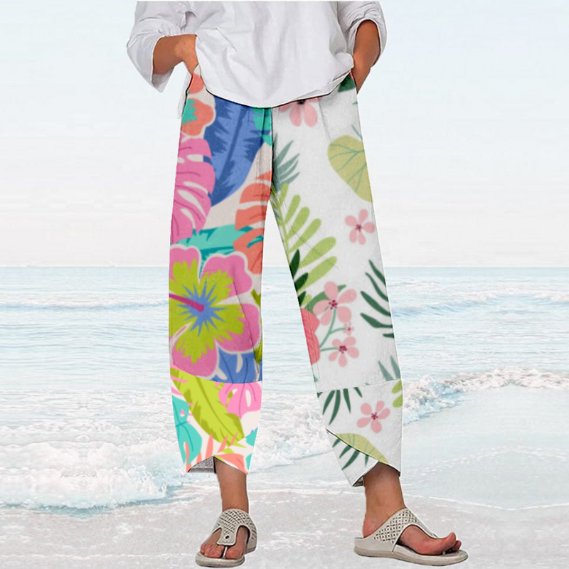 Calças estampadas de planta feminina, streetwear, calças de praia, corredores capri soltos, elegante, roupas Y2K, verão