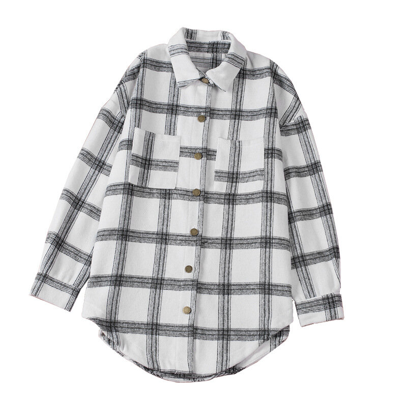여성용 루즈한 가디건 라펠 셔츠, 중간 길이 격자 무늬 재킷, 캐주얼 8511394