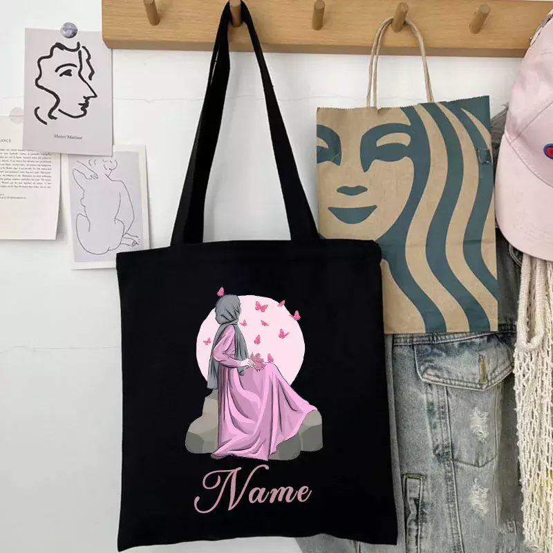 Name Customized Watercolor Printed Canvas Bag Personalized Muslim Girl Handbag Black Versatile Travel Decoration Birthday Gift