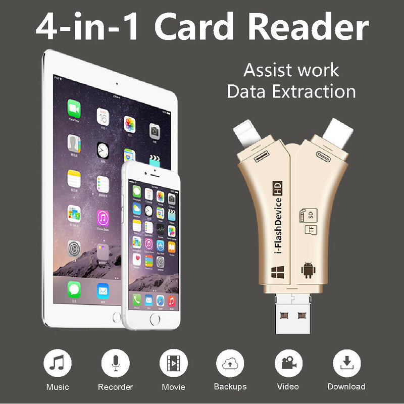Lector de tarjetas 4 en 1, adaptador microusb tipo C para Android, ipad/iphone 7, 8, X plus, 6s5s, Macbook, OTG, TF, SD