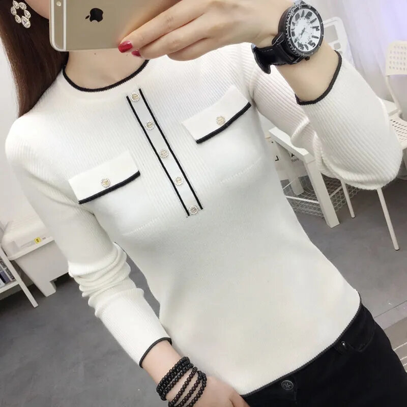 Autumn Winter Women Long Sleeve Knitted O-neck Ribbed Pull Sweater Soft Warm Femme Jumper Pullover Clothes Bottoming Shirt