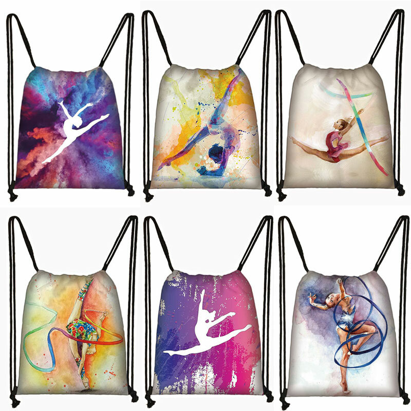 体操水彩画プリント巾着バッグ,女性用収納バッグ,10代の女の子用トラベルバックパック,靴ホルダー,ギフト