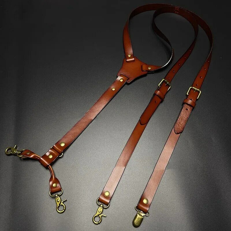 GUCUANNVIC-Bretelles vintage en cuir véritable pour hommes et femmes, bretelles réglables, dos en Y à 4 crochets, bretelles de pantalons, 2x125cm
