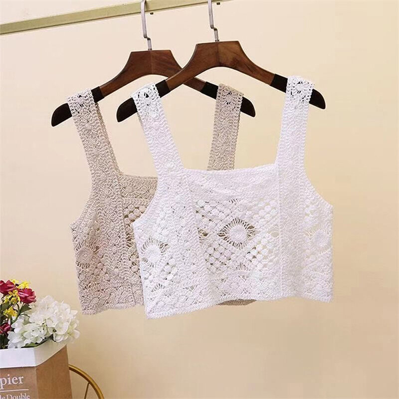 Summer Hollow Out Embroidery Knitted Tank Top Women Solid Color Sleeveless Camisole