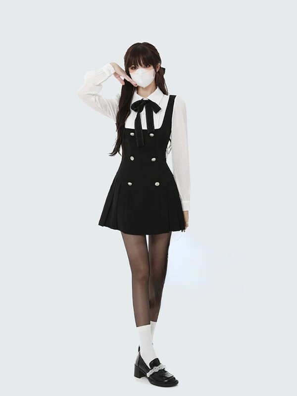 2022 jesienna sztuczna sukienka damska szykowna z długim rękawem kokardka casualowa Y2k Mini sukienka damska koreańska elegancka krótka sukienka imprezowa