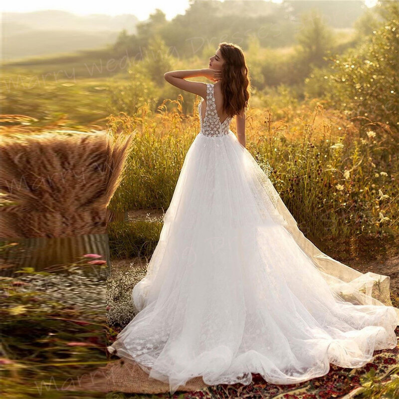 Gaun pernikahan wanita model A Line Modern gaun pengantin applique renda leher V menawan gaun pengantin tanpa lengan punggung terbuka Vestidos De Novia Lujo