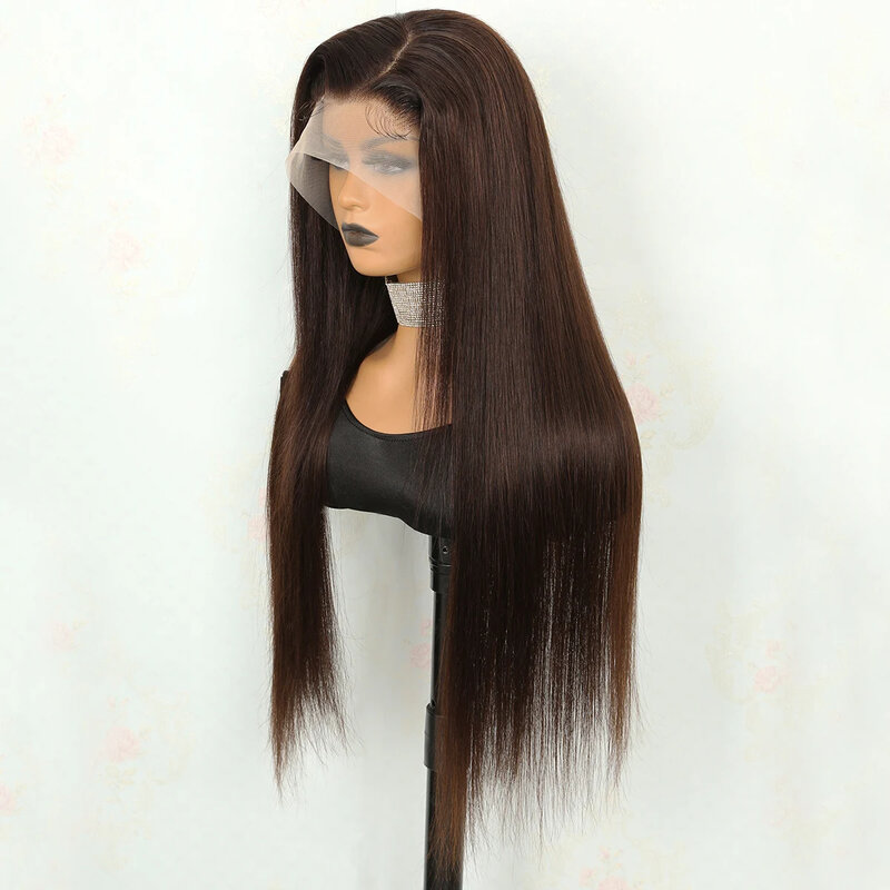 Peluca de cabello humano liso de alta densidad, pelo con encaje Frontal transparente, color marrón Chocolate #4, 13x5 T, parte HD, 12-30 pulgadas
