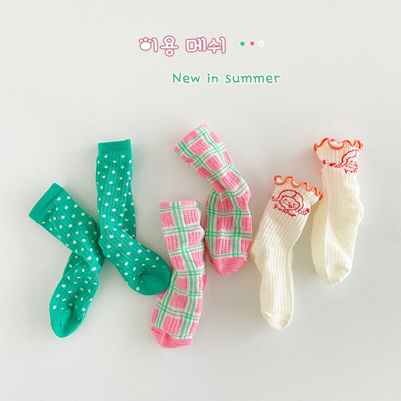 Spring Summer Socks Children Mesh Socks Kids Girls Calf Length Polka Dots Socks 3 Pairs/bag