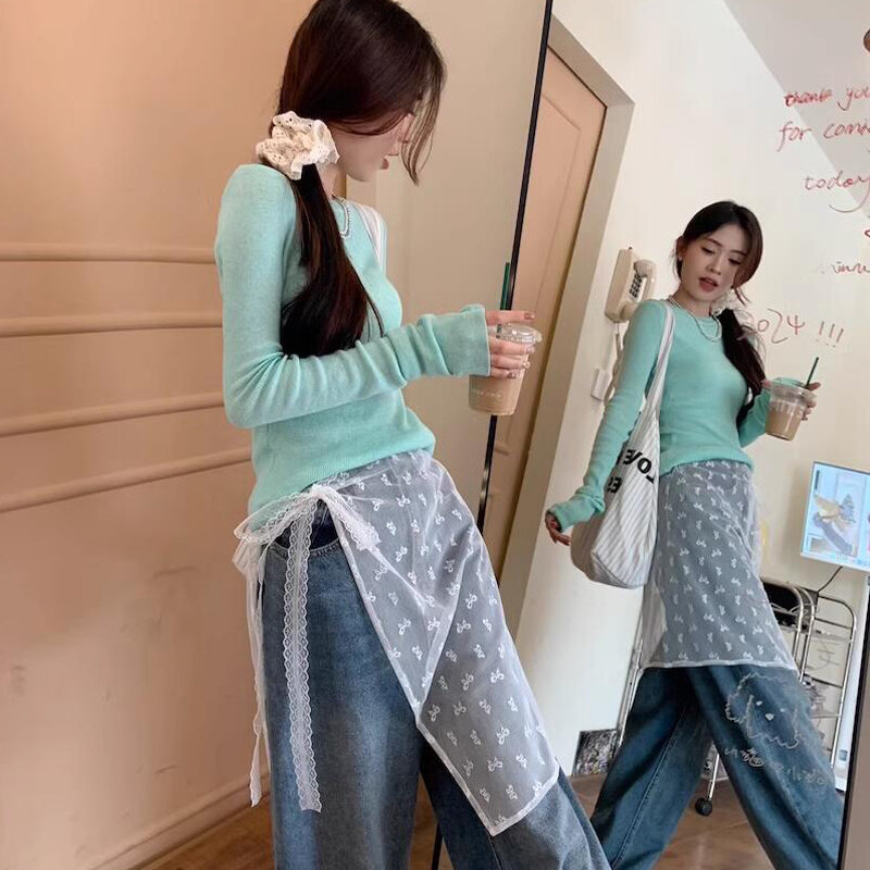 Rok kain kasa berlapis renda unik Blogger Ins Korea musim semi musim panas dengan rok tumpuk anak perempuan mengikat Y2k Streetwear