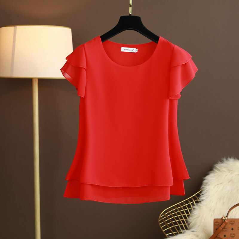 Новая летняя женская блузка Свободная шифоновая рубашка с круглым вырезом Женская блузка с коротким рукавом размера плюс 6XL рубашки женские топы и блузки Топ