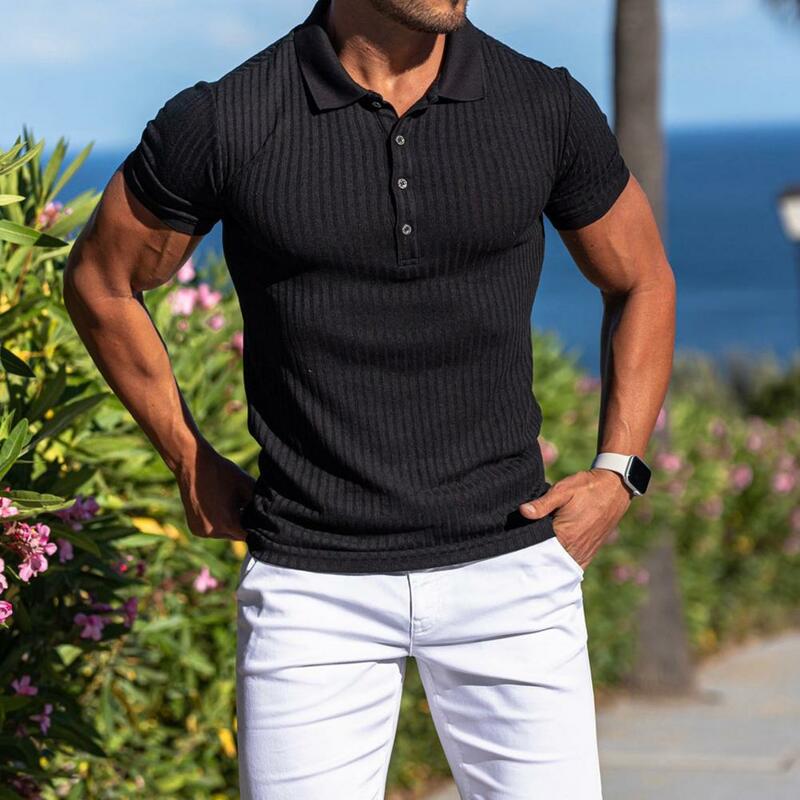 Men Sport Top Solid Color Lapel Button Slim Fit Pullover Workout Elastic Strip Breathable Short Sleeve Summer Shirt Male Clothes