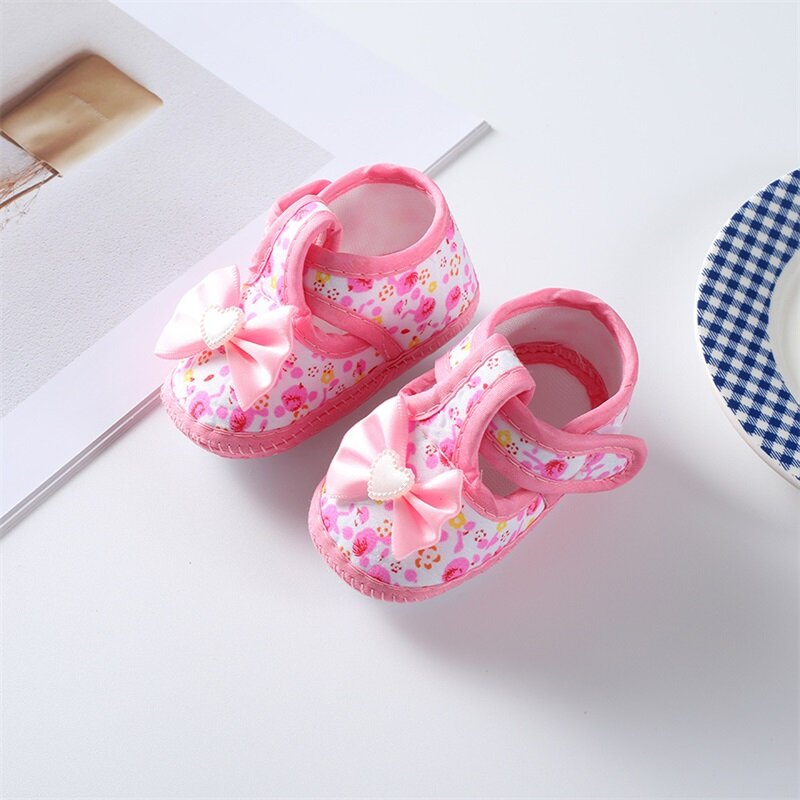 Sepatu Datar Bayi Perempuan, Sepatu Balita Dalam Ruangan Luar Ruangan Anti Selip Motif Bunga Ikatan Simpul Sol Lembut