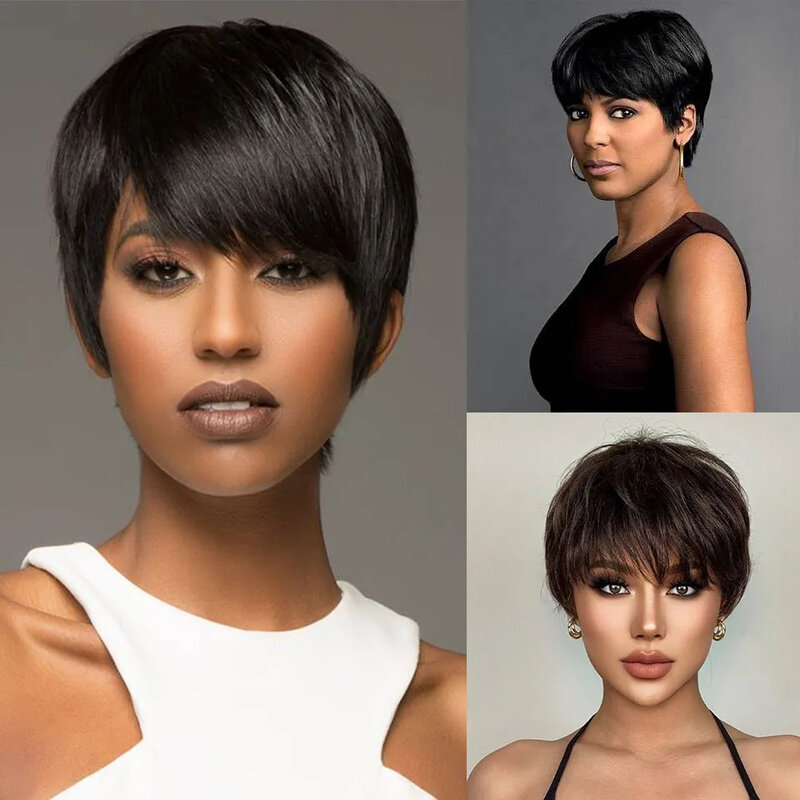 Короткие парики, человеческие волосы, парики с челкой, прямые натуральные черные человеческие волосы без клея для бразильских афро-женщин